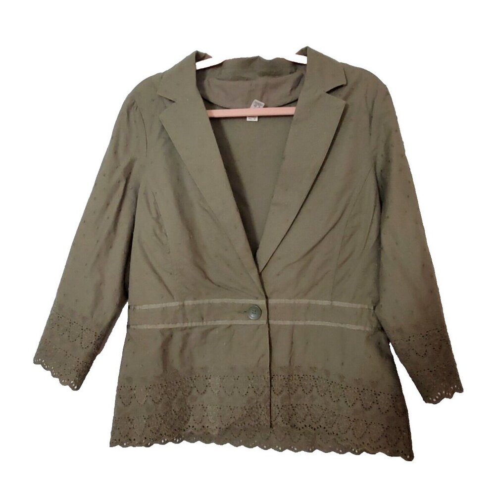 Vtg Old Navy Women's Olive Green Jacket Size L Swiss Dot Lace Trim Sleeves